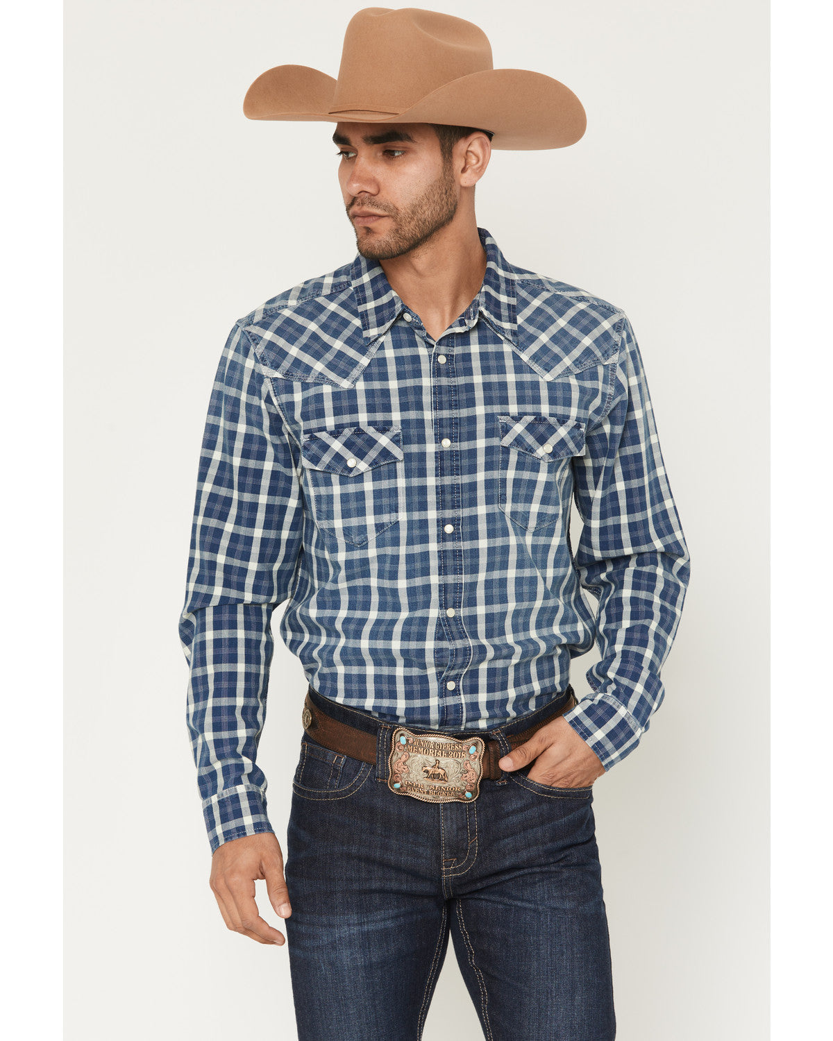 Men's Conaway Denim Plaid Print Long Sleeve Snap Western Sh | Cody James Clothing