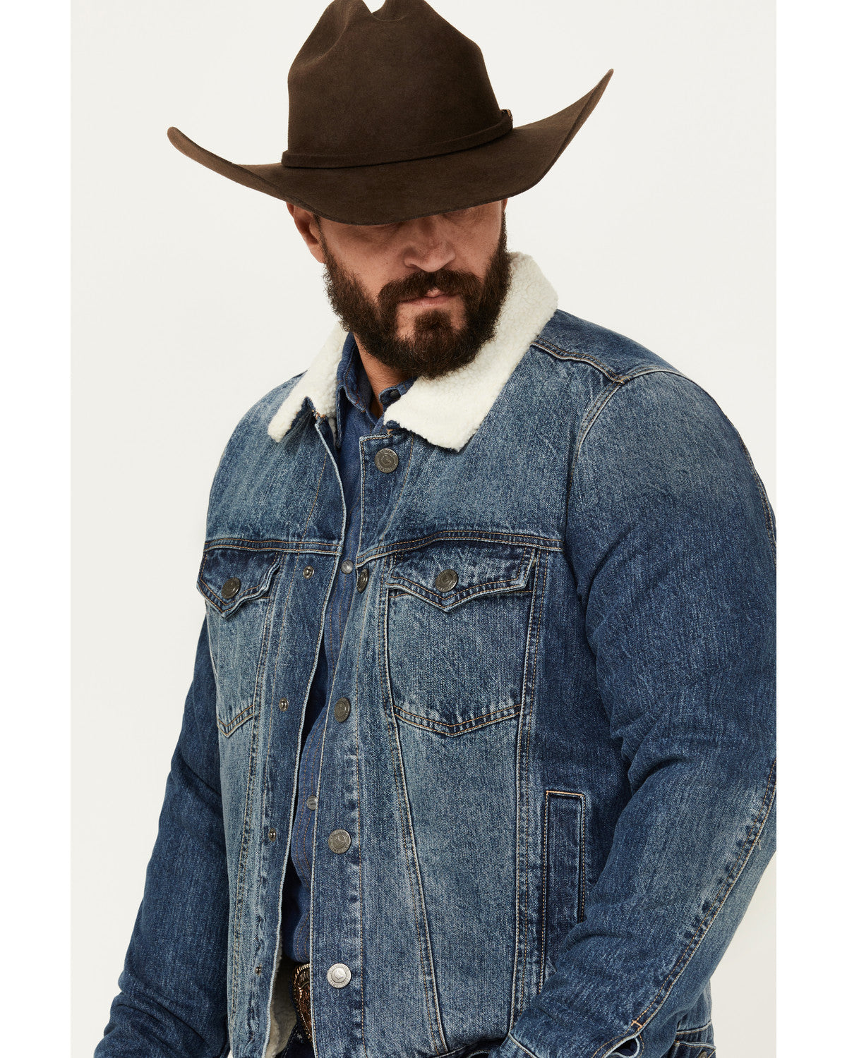 Men's Medium Wash Snap Sherpa Denim Jacket | Cody James Clothing