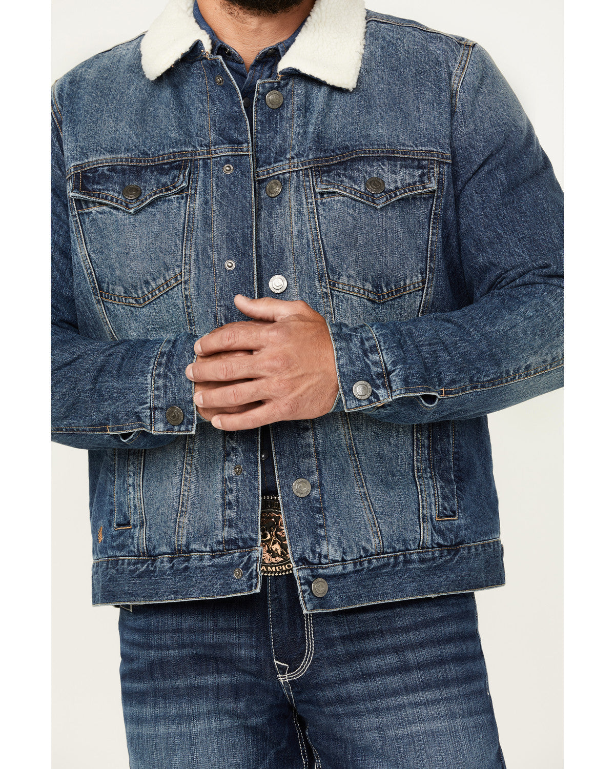 Men's Medium Wash Snap Sherpa Denim Jacket | Cody James Clothing