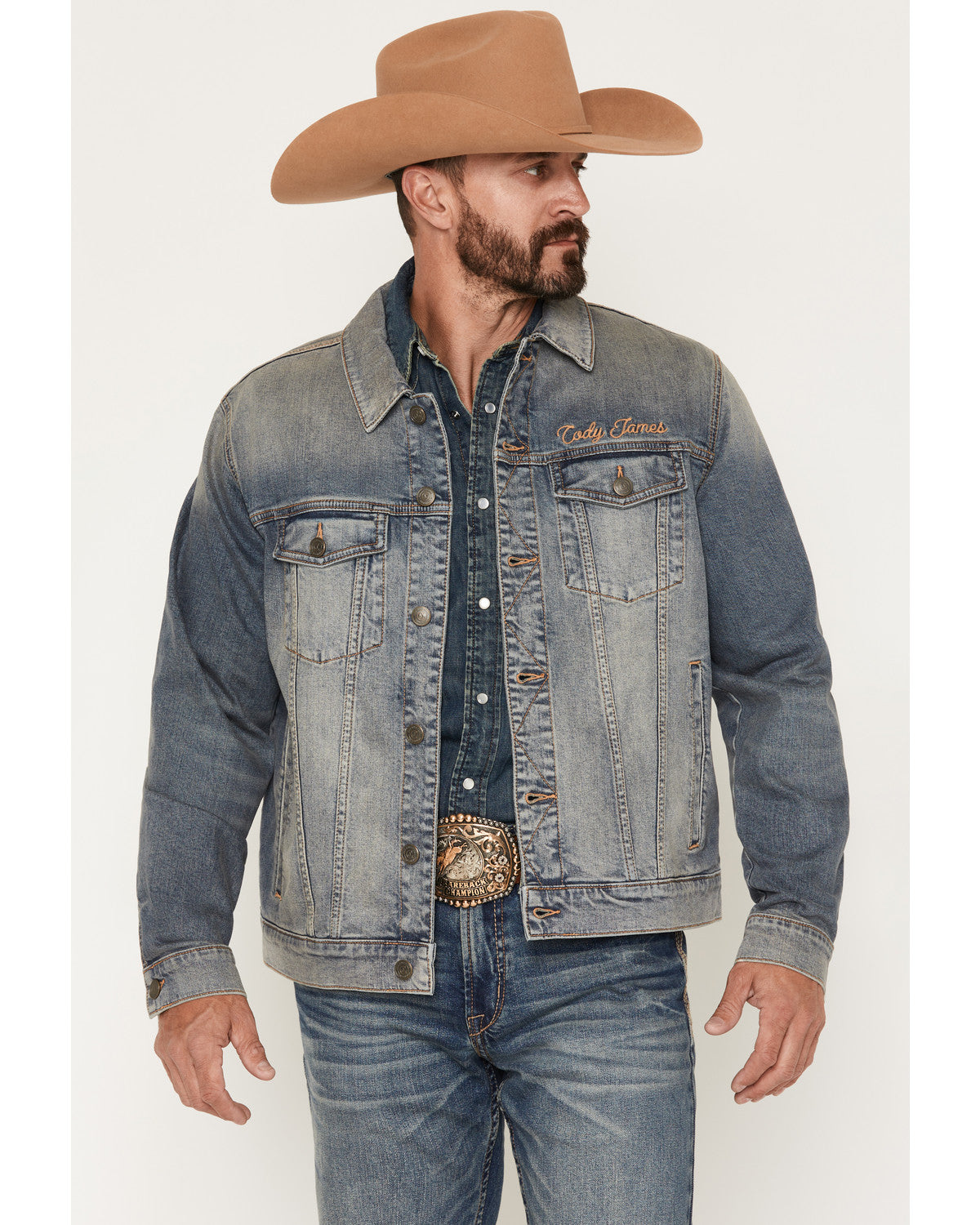 Men's Medium Wash Americana Patch Button-Down Stretch Denim | Cody James Clothing