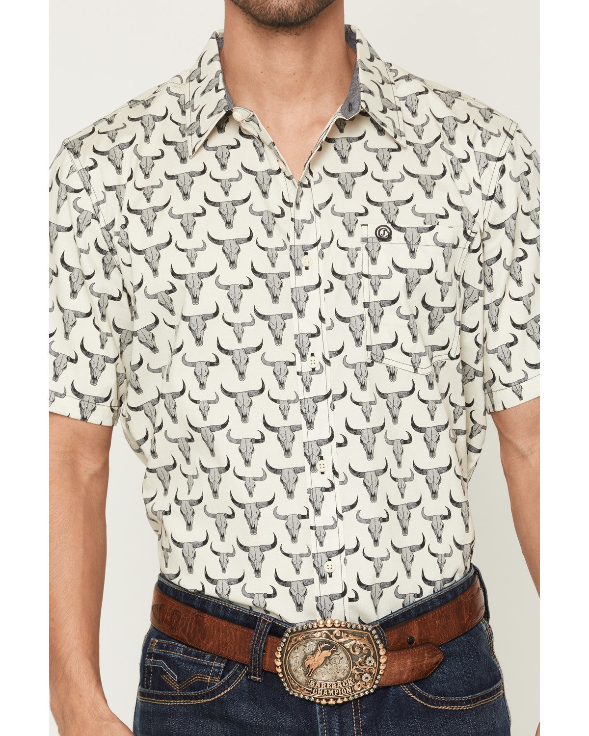 Men's Toro Steer Head Print Short Sleeve Button-Down Stretc | Cody James Clothing