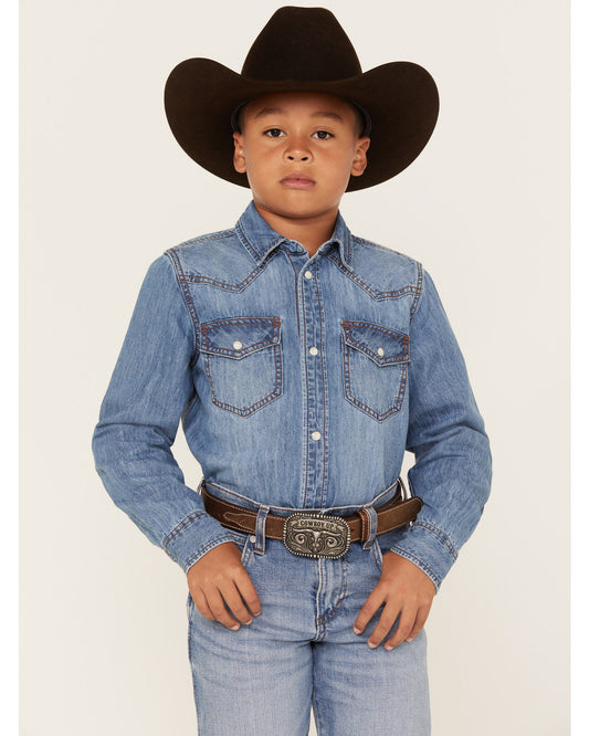 Boys' Cave Creek Long Sleeve Pearl Snap Western Denim Shirt | Cody James Boys|Clothing