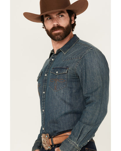Men's Medium Wash Denim Long Sleeve Pearl Snap Western Shir | Cody James Clothing