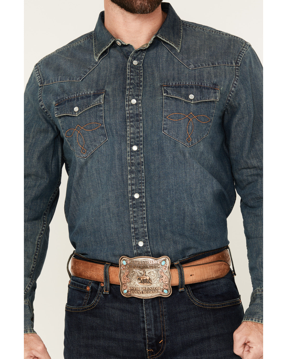 Men's Medium Wash Denim Long Sleeve Pearl Snap Western Shir | Cody James Clothing
