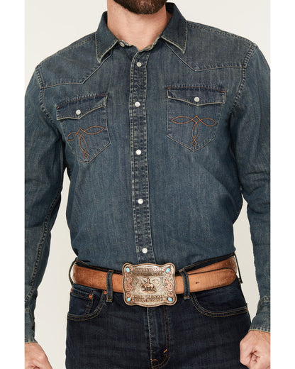 Men's Medium Wash Denim Long Sleeve Pearl Snap Western Shir | Cody James Clothing