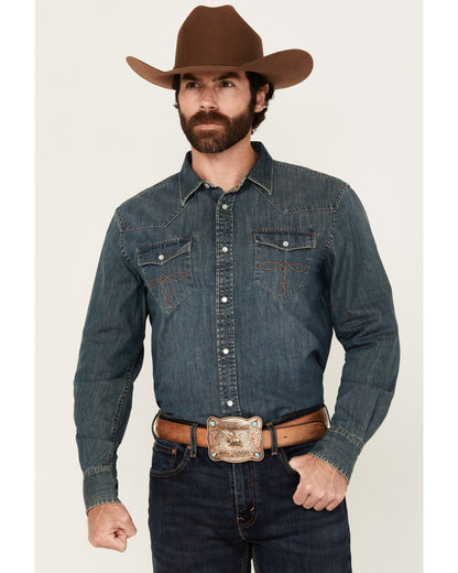Men's Medium Wash Denim Long Sleeve Pearl Snap Western Shir | Cody James Clothing