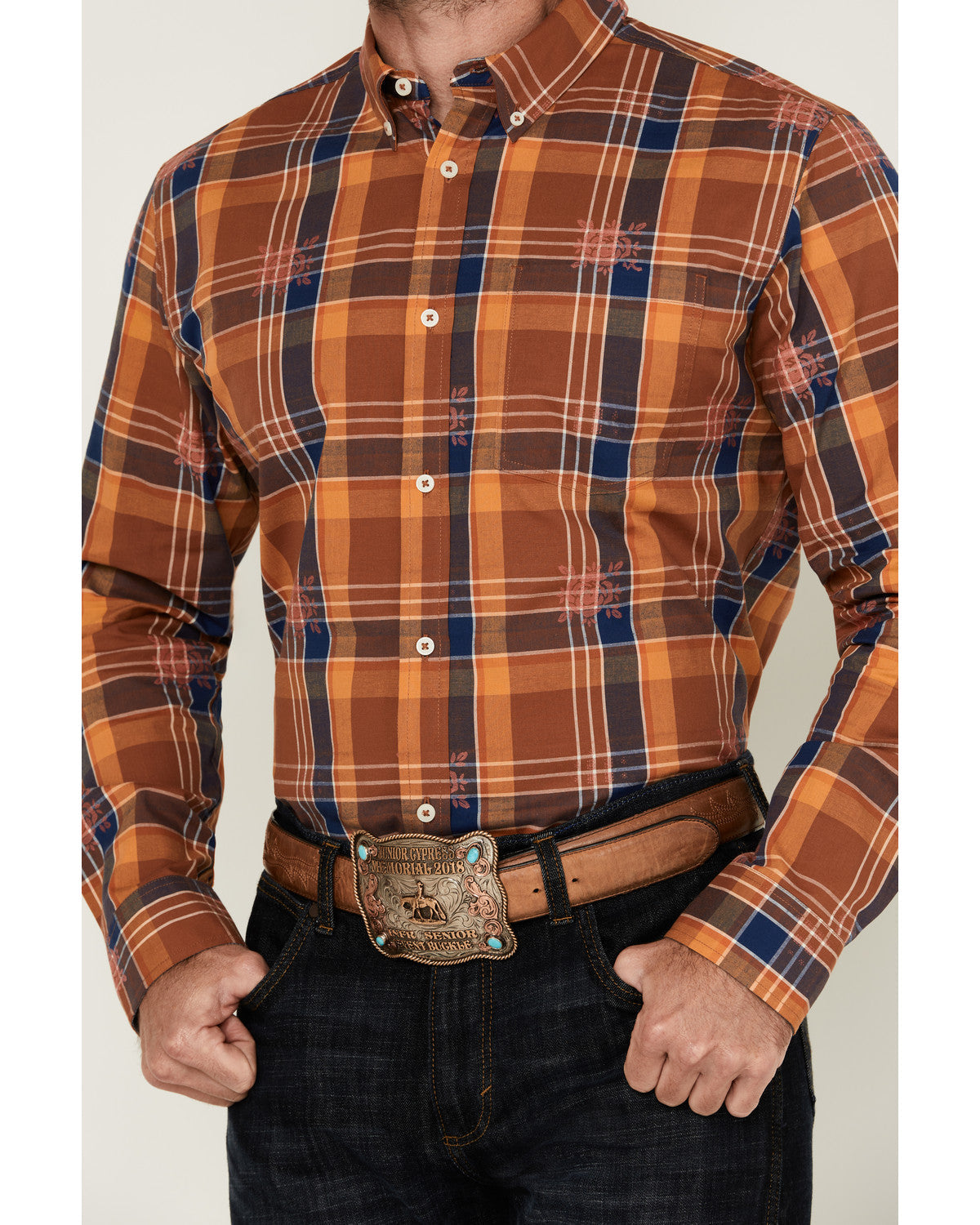 Men's Dobby Plaid Print Long Sleeve Button-Down Stretch Wes | Cody James Clothing|Sale