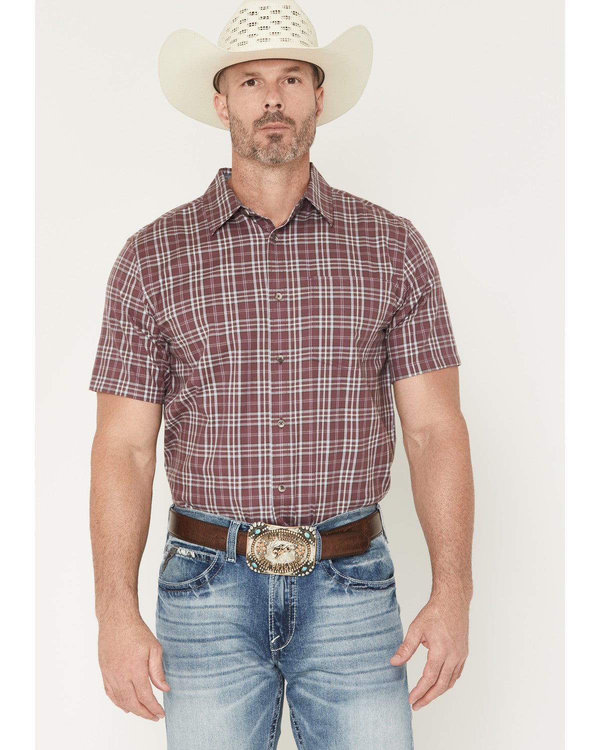 Men's Cowboy Brew Plaid Print Short Sleeve Button-Down Stre | Cody James Clothing