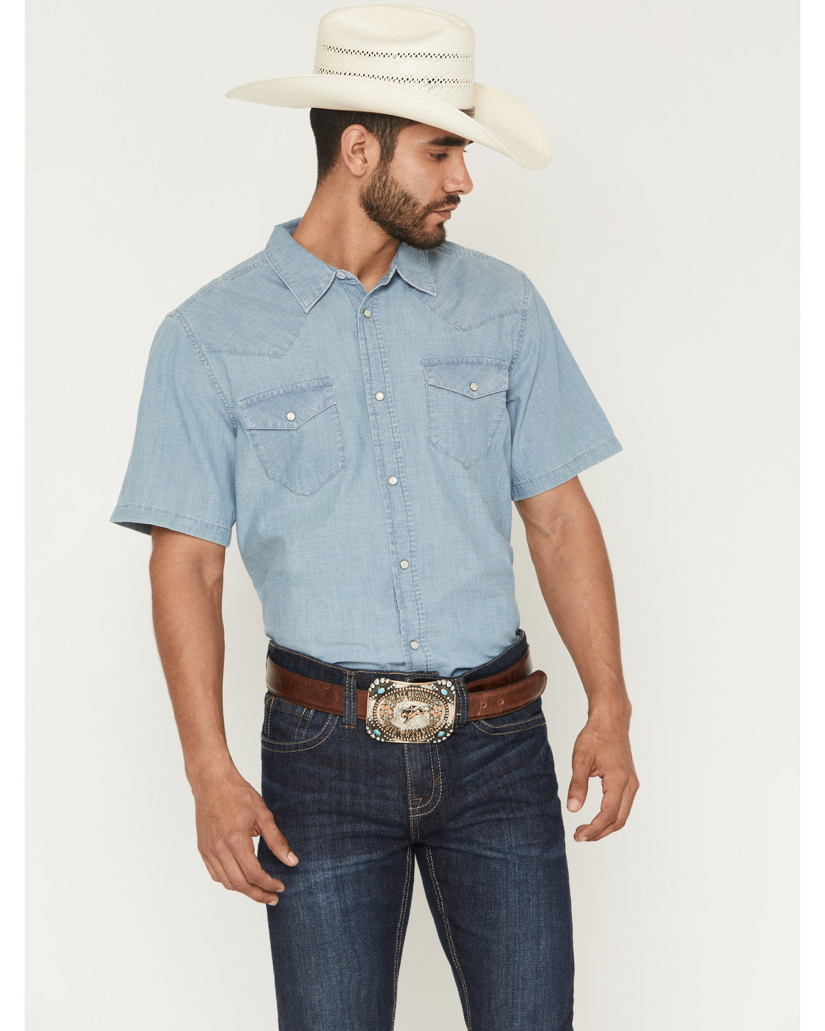 Men's Horizon Chambray Light Wash Short Sleeve Snap Western | Cody James Clothing
