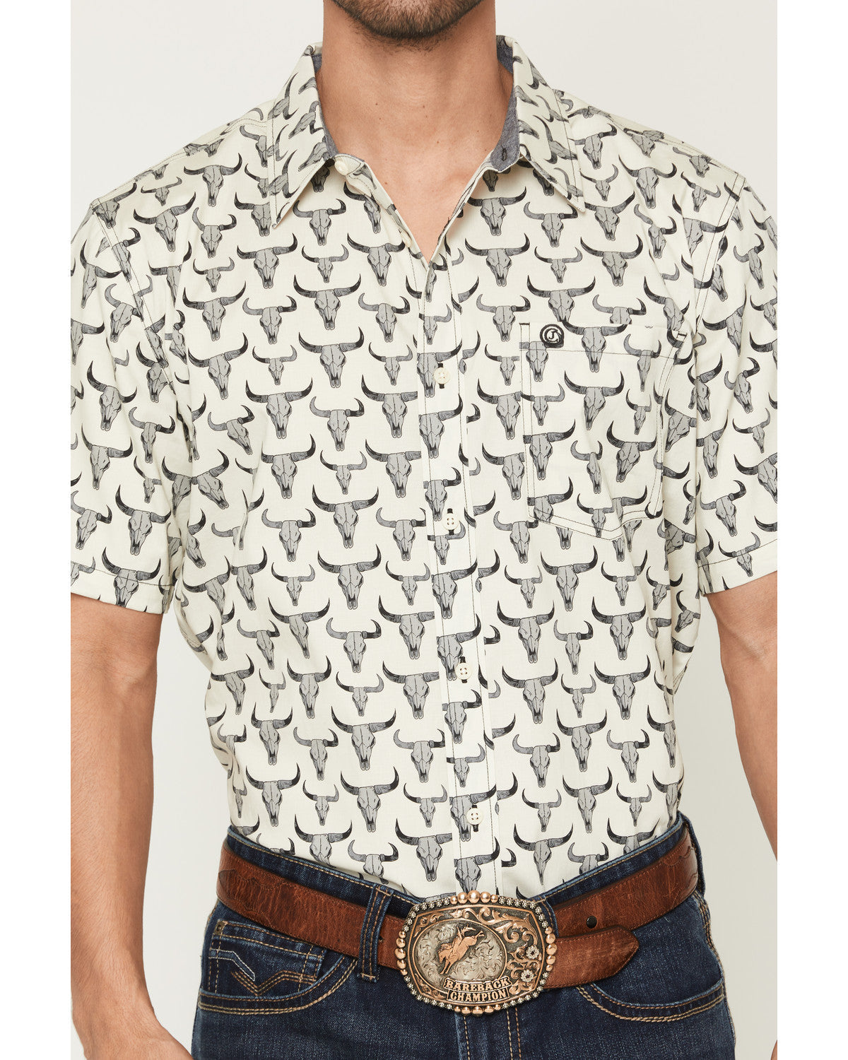 Men's Toro Steer Head Print Short Sleeve Button-Down Stretc | Cody James Clothing