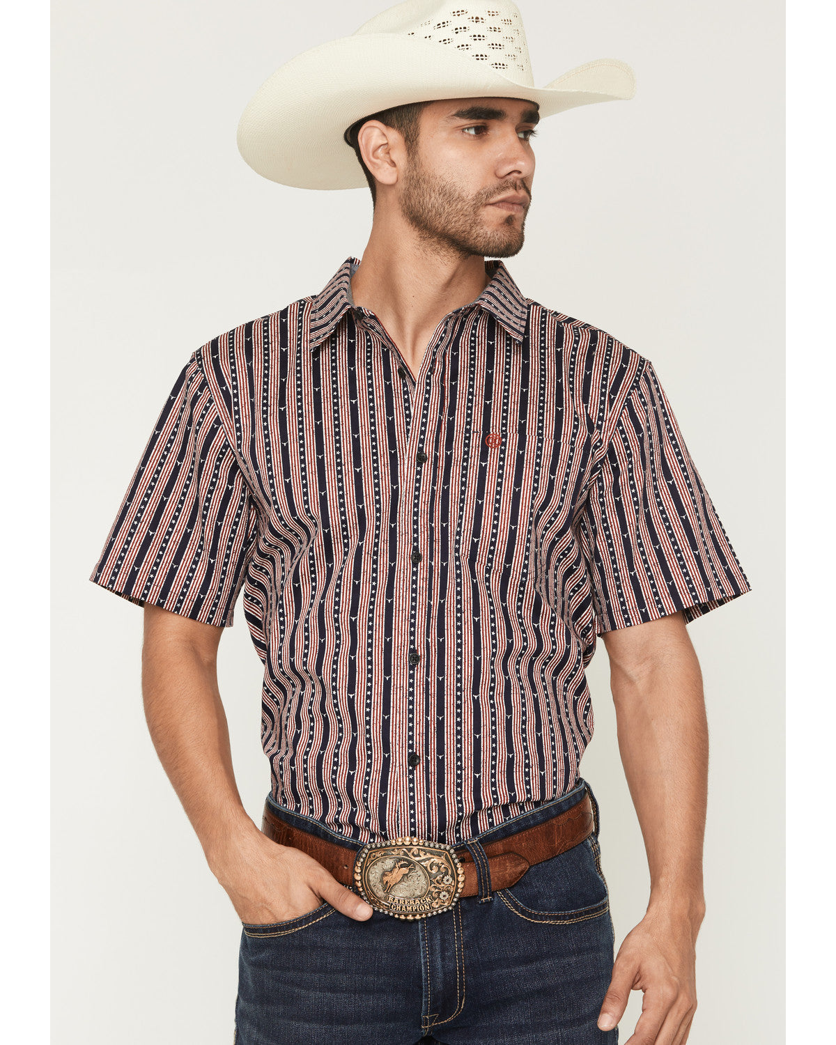 Men's Stripe Steerhead Short Sleeve Button-Down Stretch Wes | Cody James Clothing