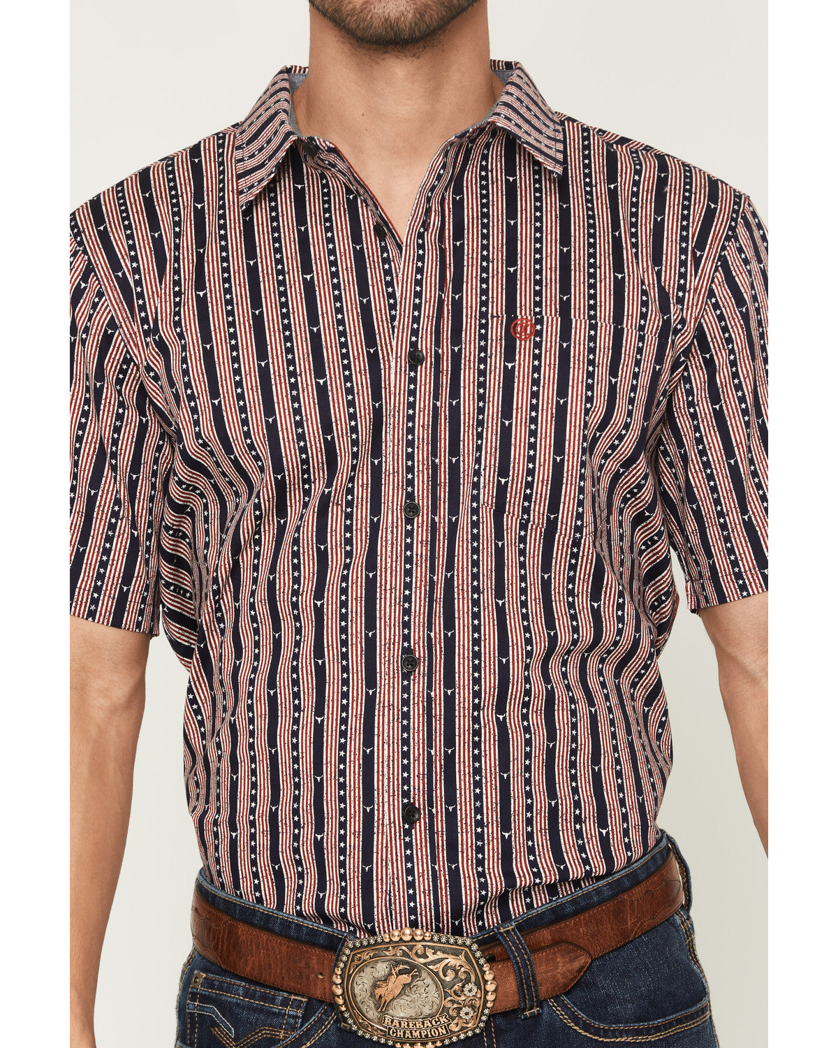 Men's Stripe Steerhead Short Sleeve Button-Down Stretch Wes | Cody James Clothing