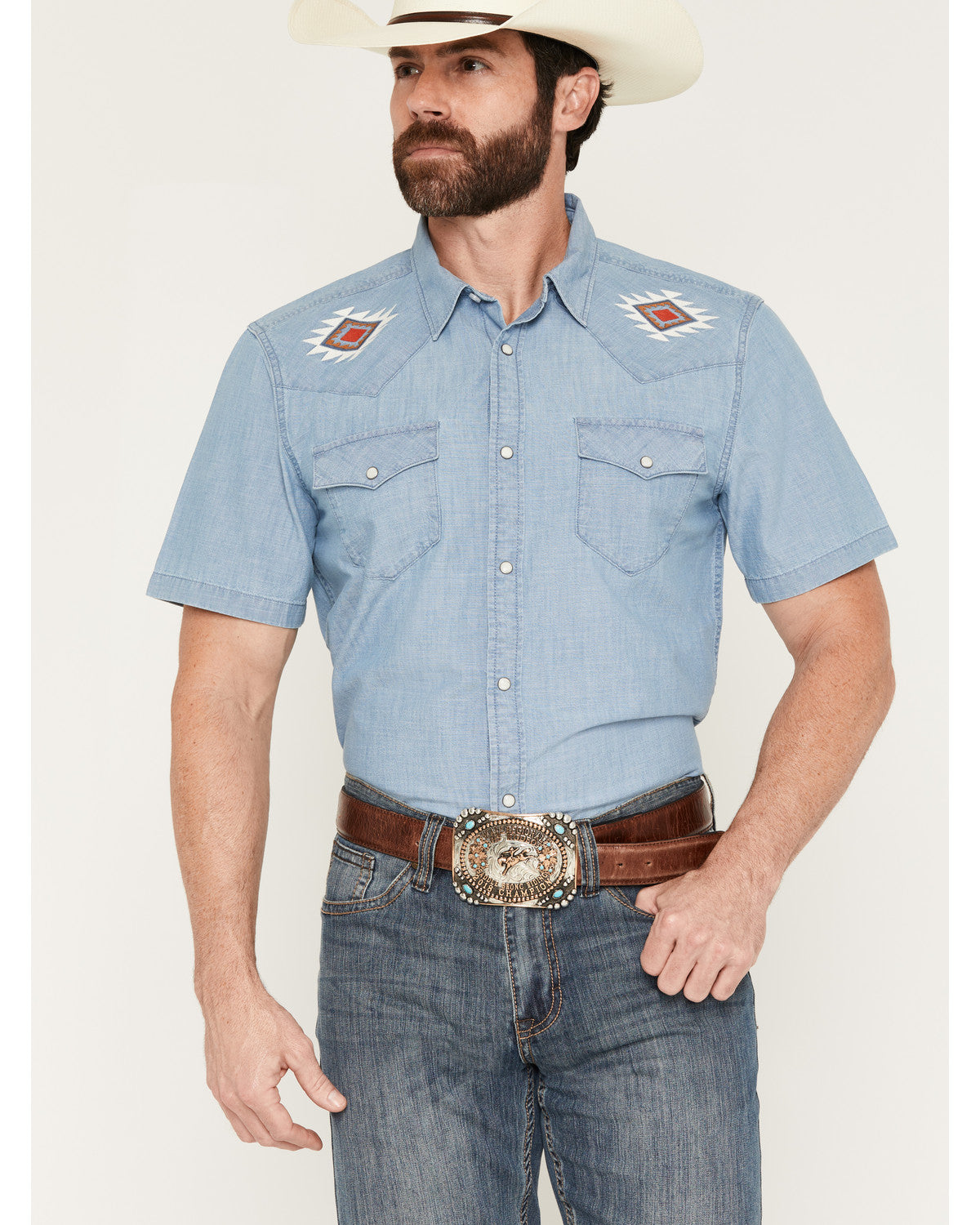 Men's Tucson Embroidered Denim Short Sleeve Snap Western Sh | Cody James Clothing